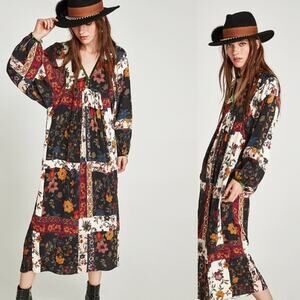 Zara Patchwork Floral Midi Dress Green Velvet Trim Boho Blogger Favorite S